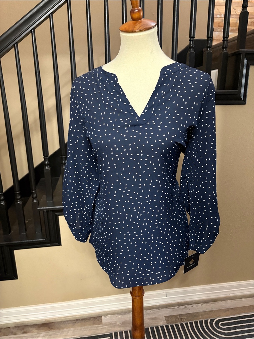 Navy Polka Dot Long Sleeve V-Neck Blouse